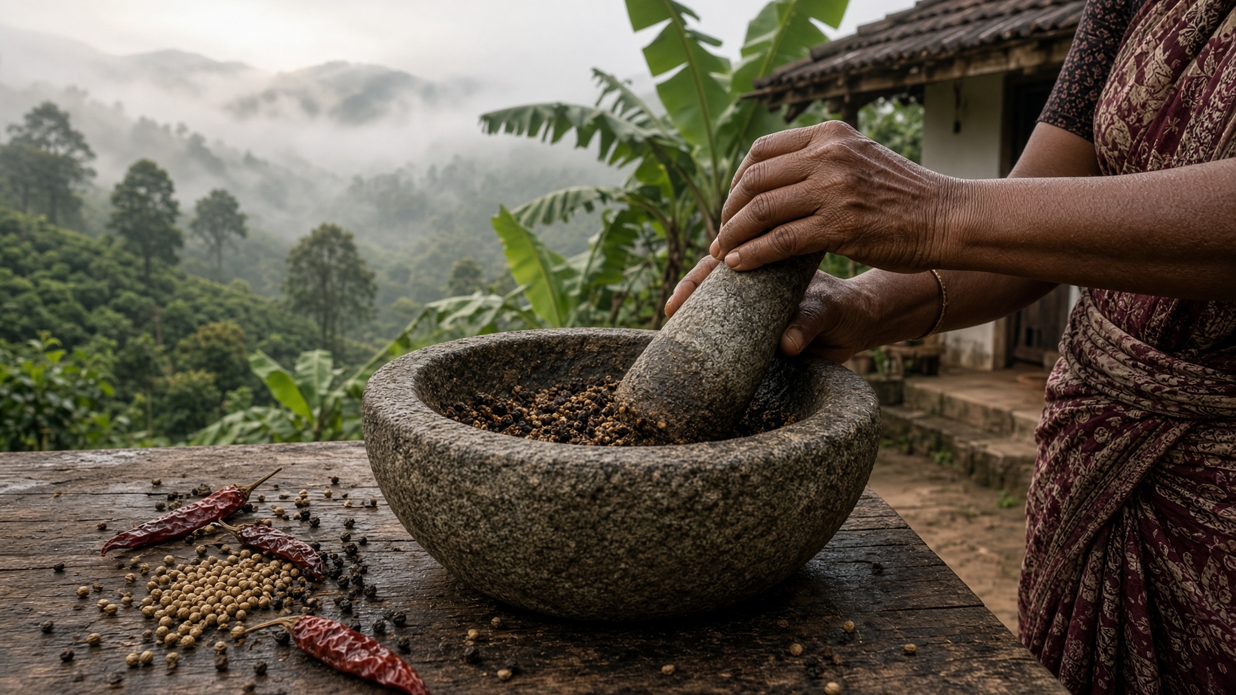Hands grinding roasted spices on a granite pounding stone in a Coorg courtyard