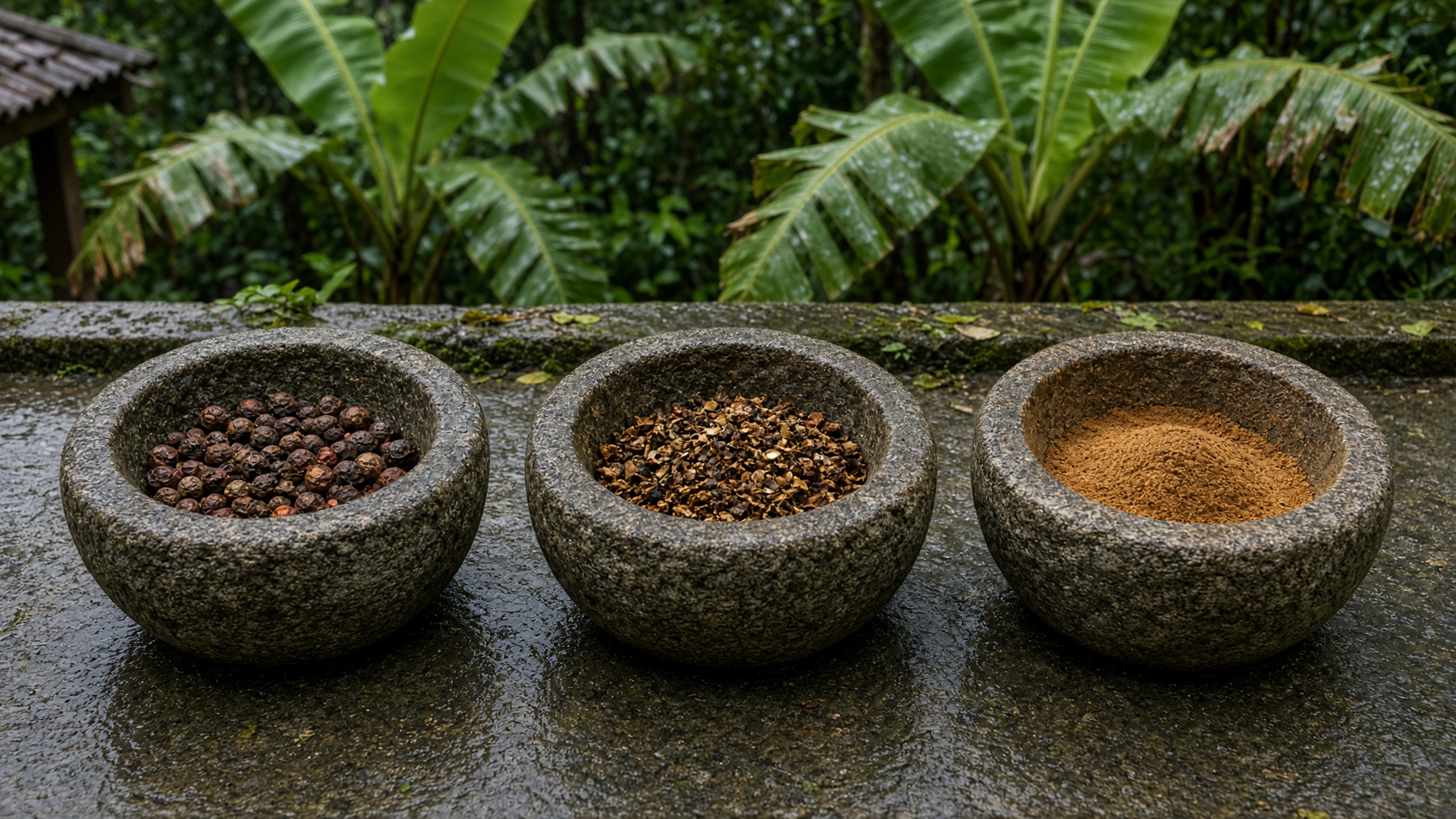 Three granite pounding stones with spices at different stages of grinding